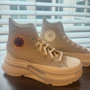 Converse Women's Platform Sneakers - Cream with Sunflower Embroidery